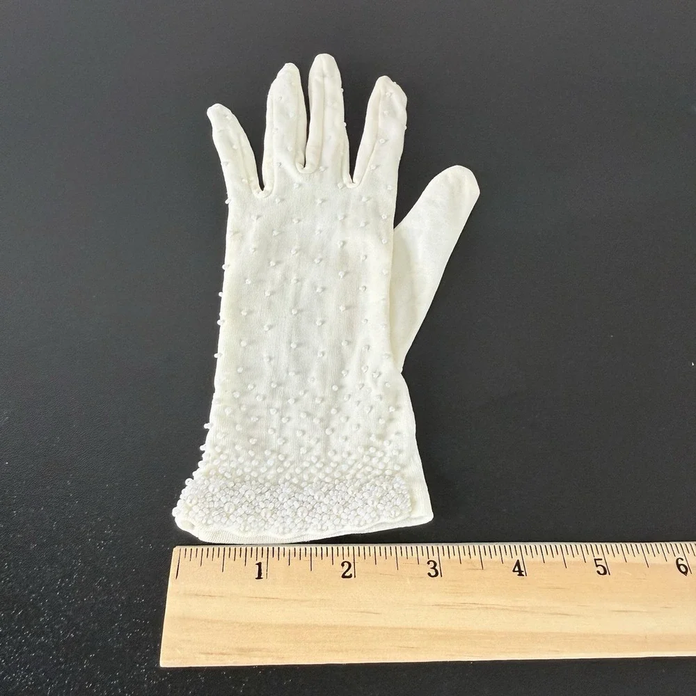 Vintage Ivory Beaded Faux Pearl Stretch Gloves Bridal Wedding Formal One Size